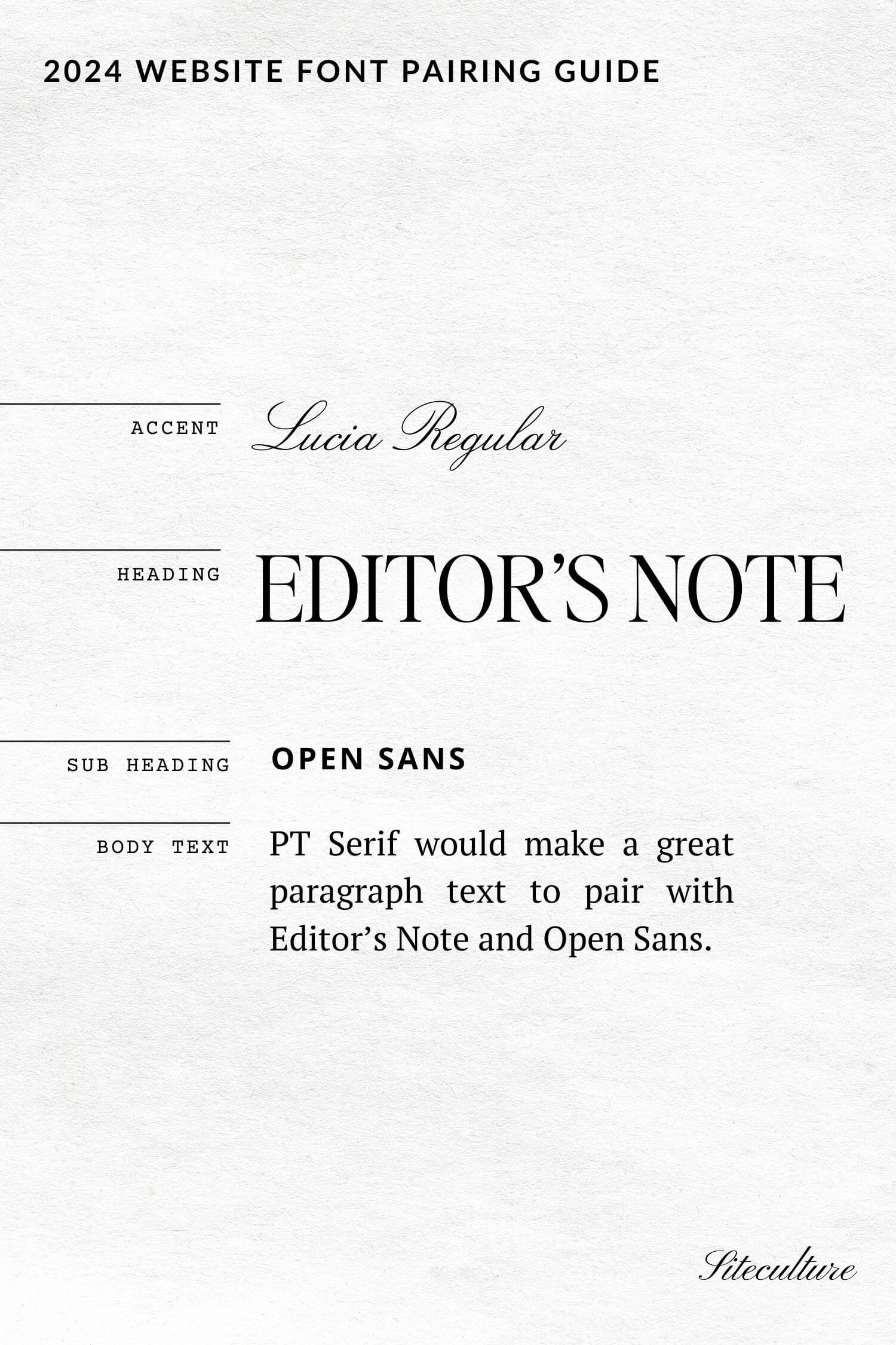 editors note, lucia regular, open sans, pt serif font