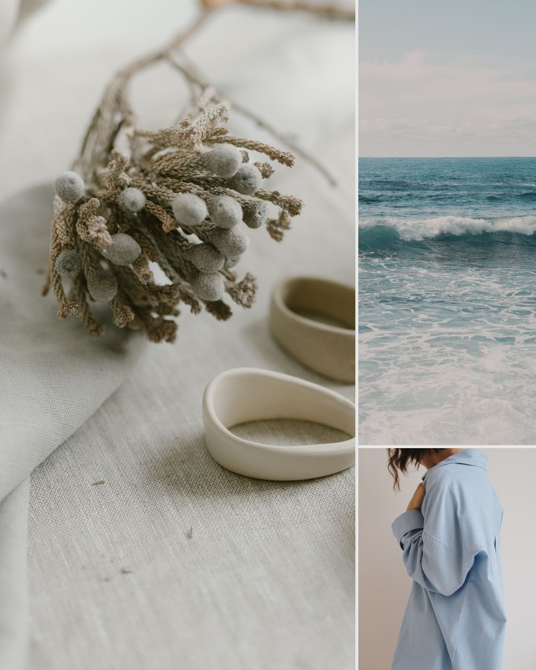 Neutral blue-green color palette inspiration with dried florals, ocean waves, and soft textures, ideal for branding, digital projects, or interior design.