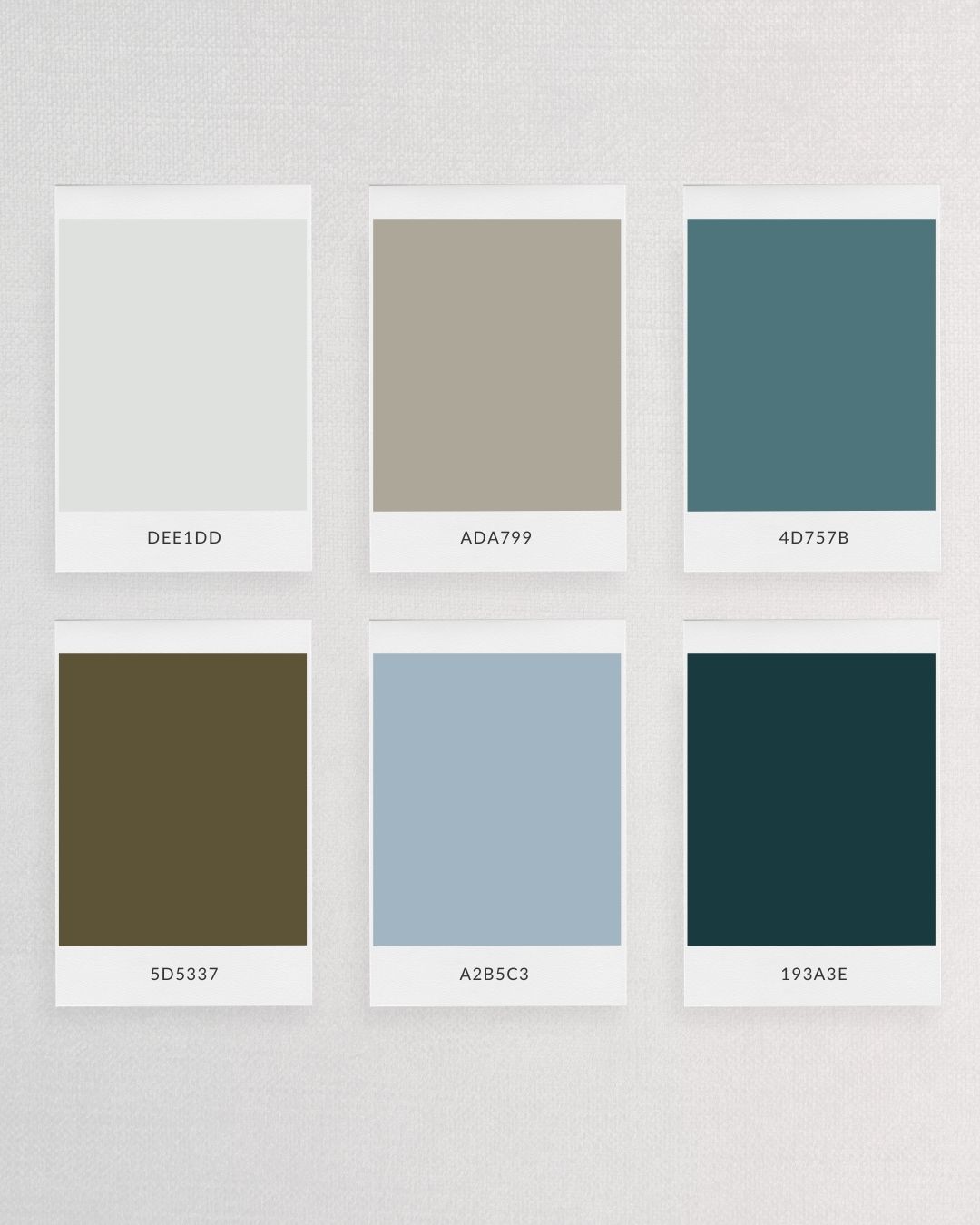 Blue-green and olive color swatches featuring hex codes: DEE1DD, ADA799, 4D757B, 5D5337, A2B5C3, 193A3E, perfect for a calming, nature-inspired design palette.