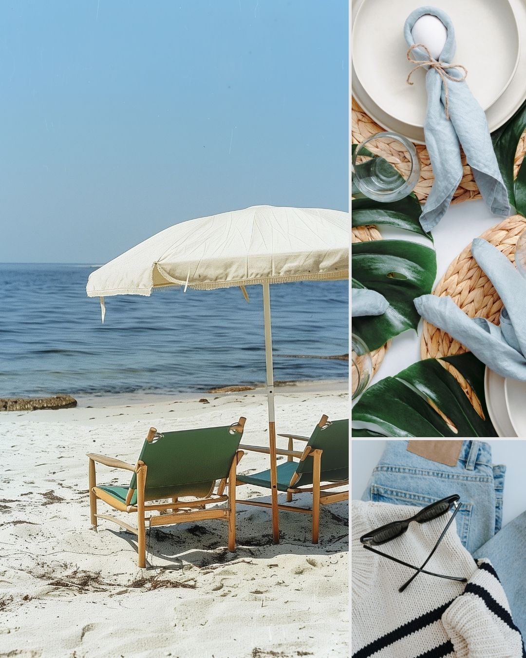 Coastal-inspired lifestyle imagery featuring sandy beaches, neutral tones, and green accents with soft blue details for a fresh, airy design look