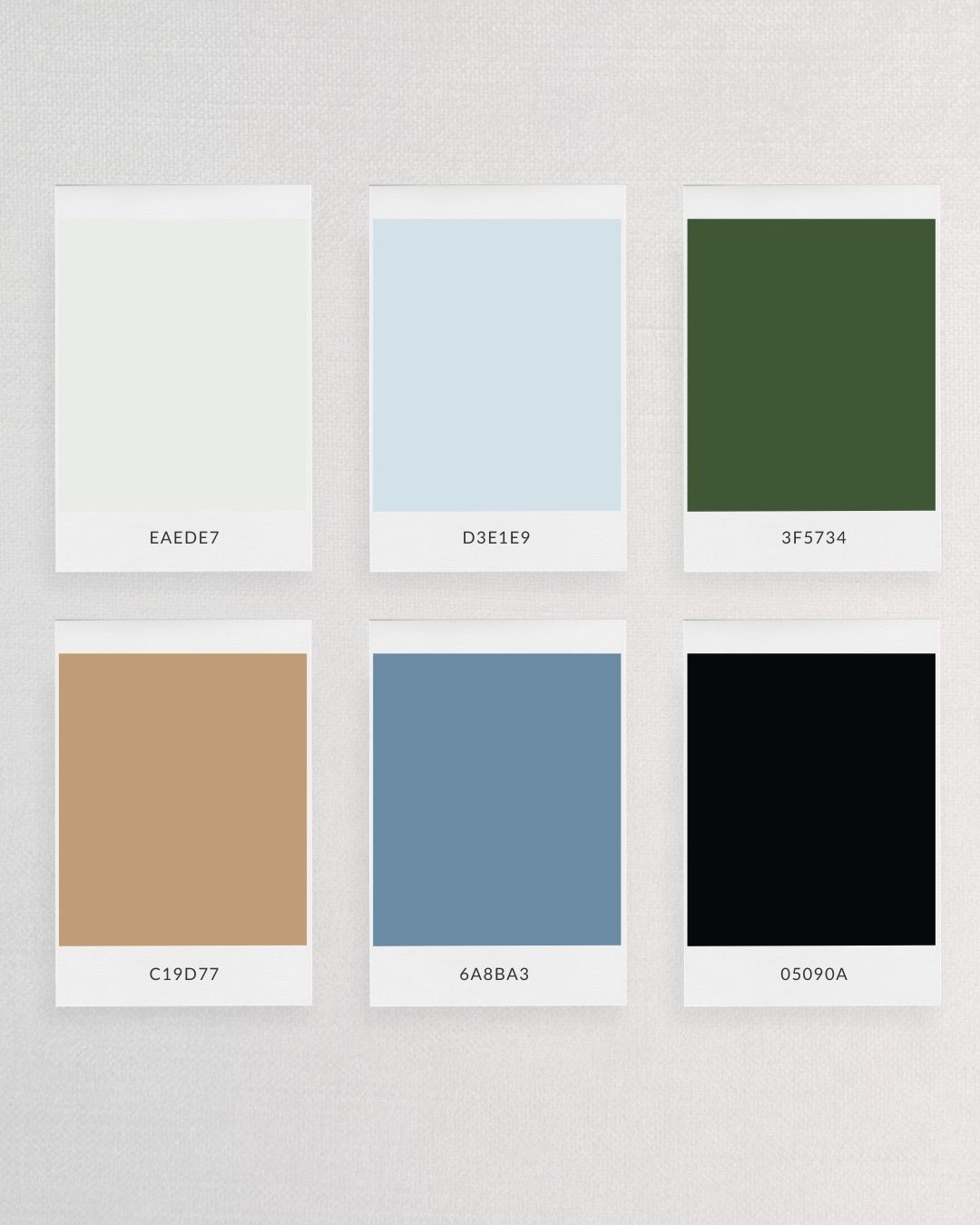 Soft, earthy blue and green color swatches featuring hex codes: EAEDE7, D3E1E9, 3F5734, C19D77, 6A8BA3, 05090A, great for minimalist branding and interior designs.