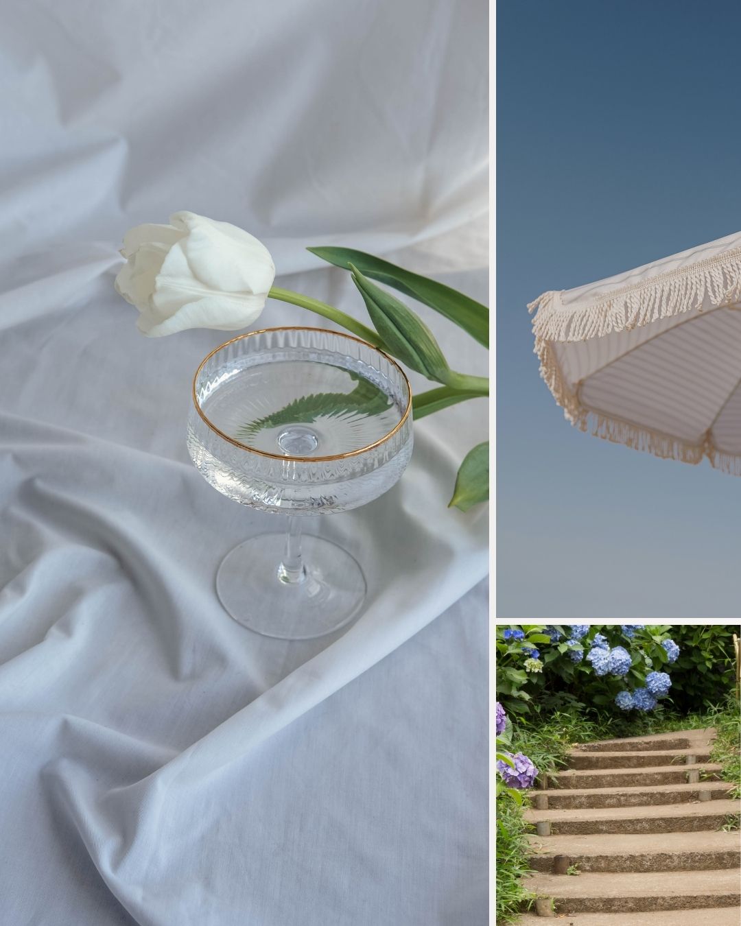 Elegant and serene blue-grey palette inspiration featuring a white tulip, crystal glassware, hydrangea garden, and a striped beach umbrella.