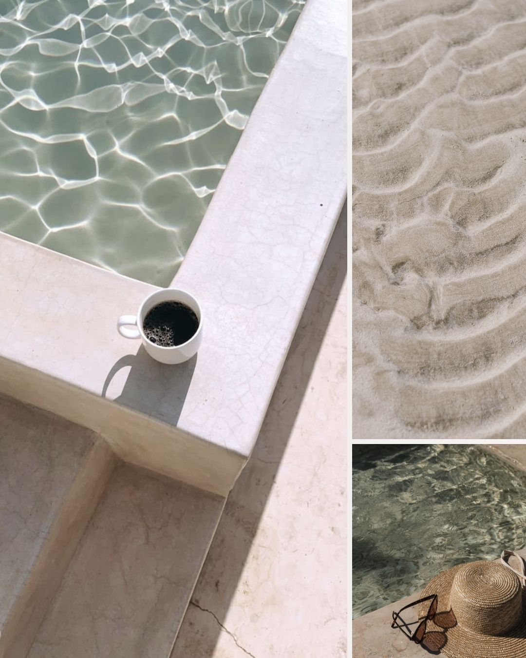 Relaxing poolside imagery with rippling water, sandy textures, and beachwear accessories in neutral tones and blue accents for a calm, tranquil aesthetic.